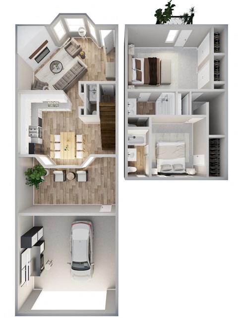 a stylized floor plan of a house with a bedroom and a car